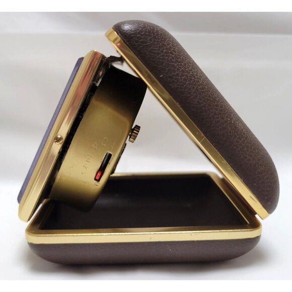 Vintage Equity Folding Travel Wind Up Alarm Clock Clamshell Case Gold Tone Trim - Picture 3 of 11